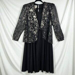 Boston Maid‎ Vintage Black & Silver Floral Dress Attached Jacket Woman 14W 1980s